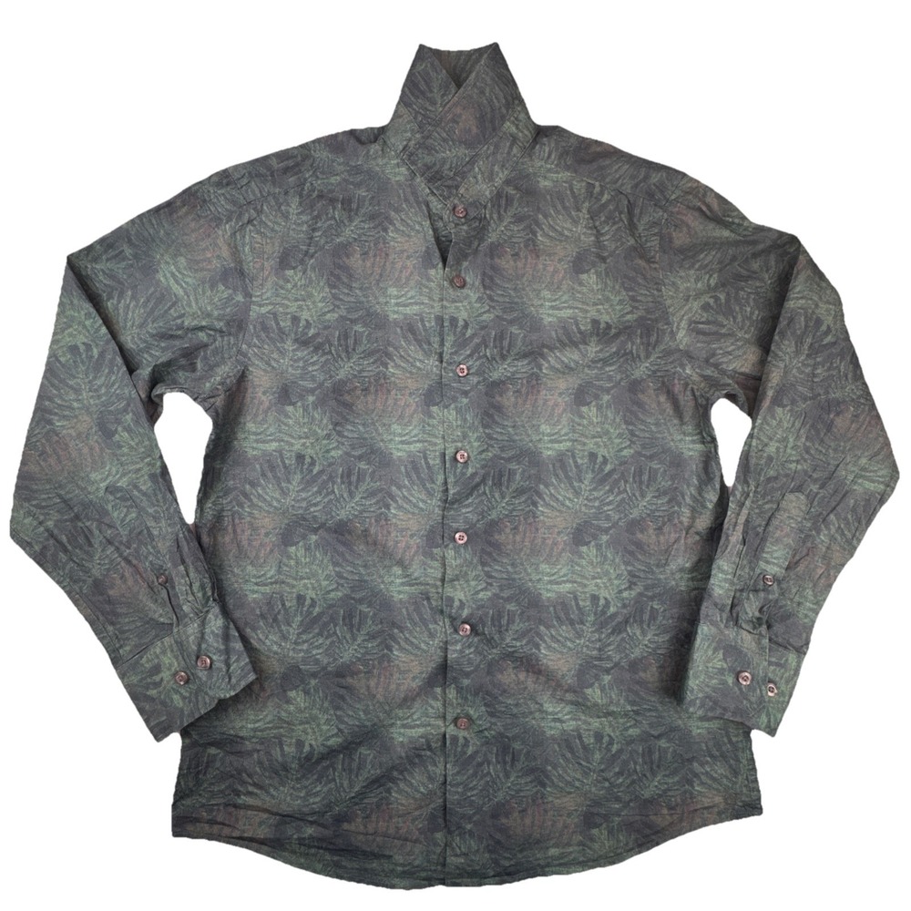 Tallia Mens Button Up Shirt M Green Cotton Tropical Palm Leaf Print Slim Fit